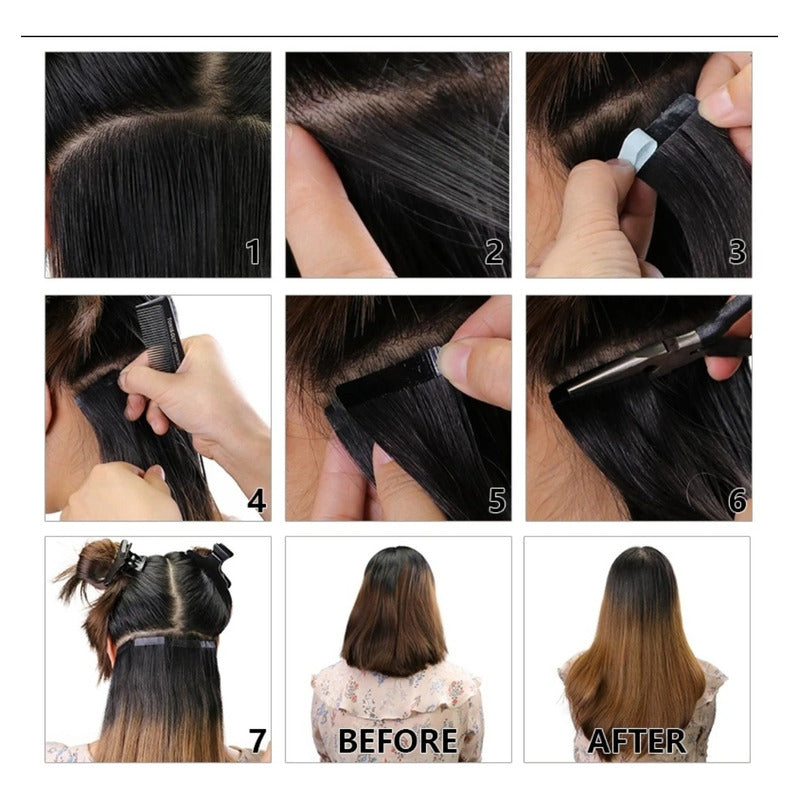 Cabello Natural 100% Humano 60cm Cintas Adhesivas, 10uds.